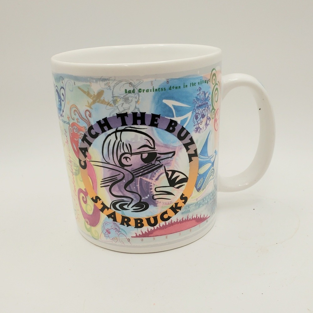 Vintage 1998 Starbucks Catch the Buzz Mug Garry Trudeau Doonesbury Art Literacy